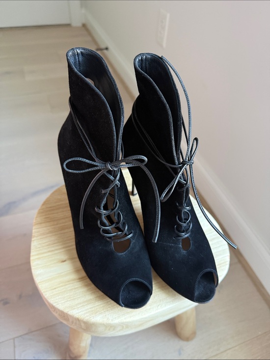 Gianvito Rossi Shoes - Gianvito Rossi Black Suede Lace-Up Peep Toe Ankle Boots